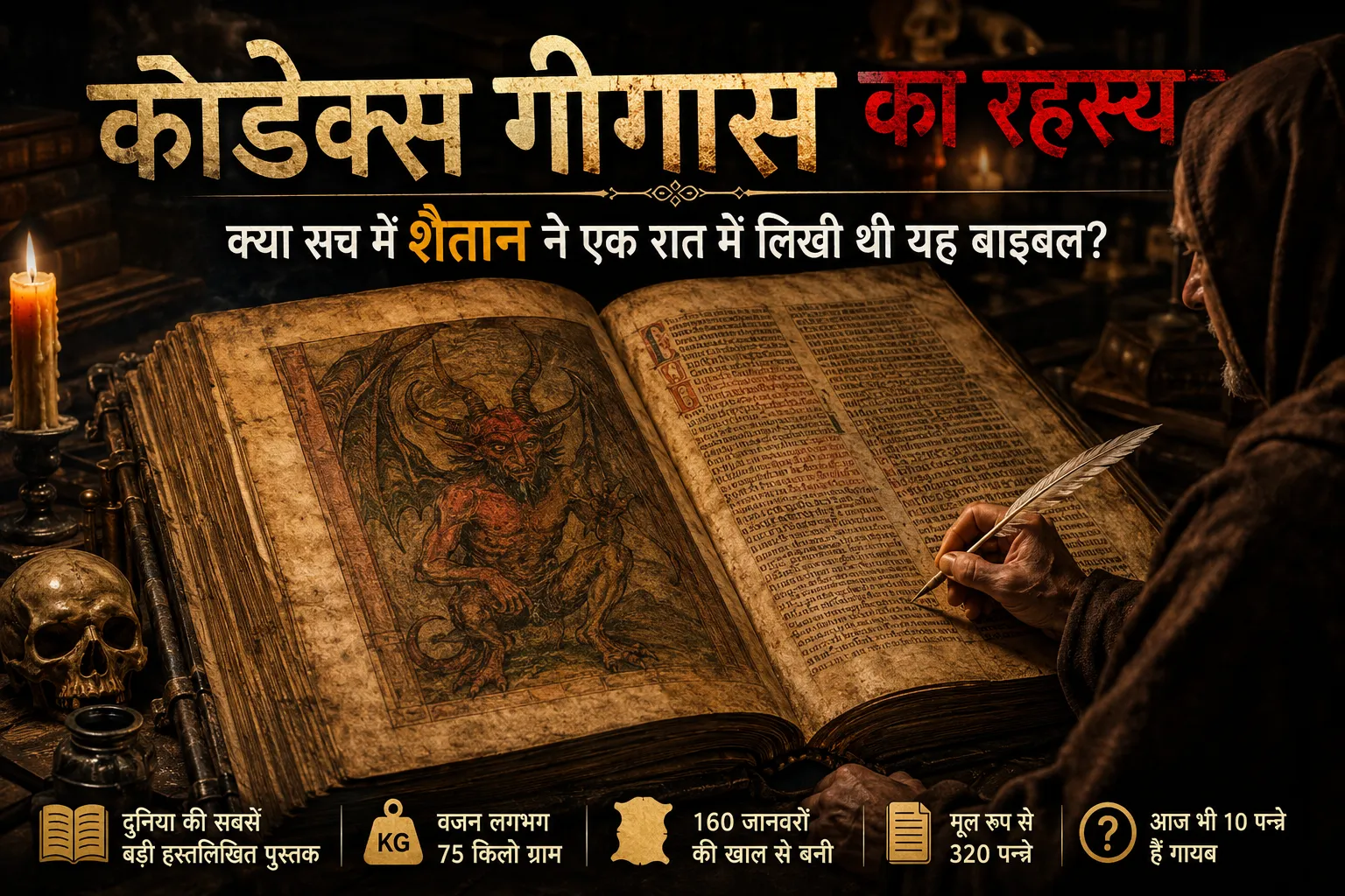 कोडेक्स गीगास का रहस्य दर्शाती फीचर इमेज जिसमें एक मध्ययुगीन भिक्षु विशाल डेविल्स बाइबल लिखता हुआ दिखाई दे रहा है और पुस्तक में शैतान का चित्र बना हुआ है।