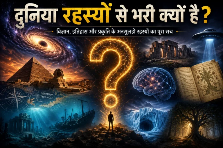 दुनिया रहस्यों से भरी क्यों है? विज्ञान, इतिहास, ब्रह्मांड और प्रकृति के अनसुलझे रहस्यों को दर्शाती सिनेमैटिक फीचर इमेज।4