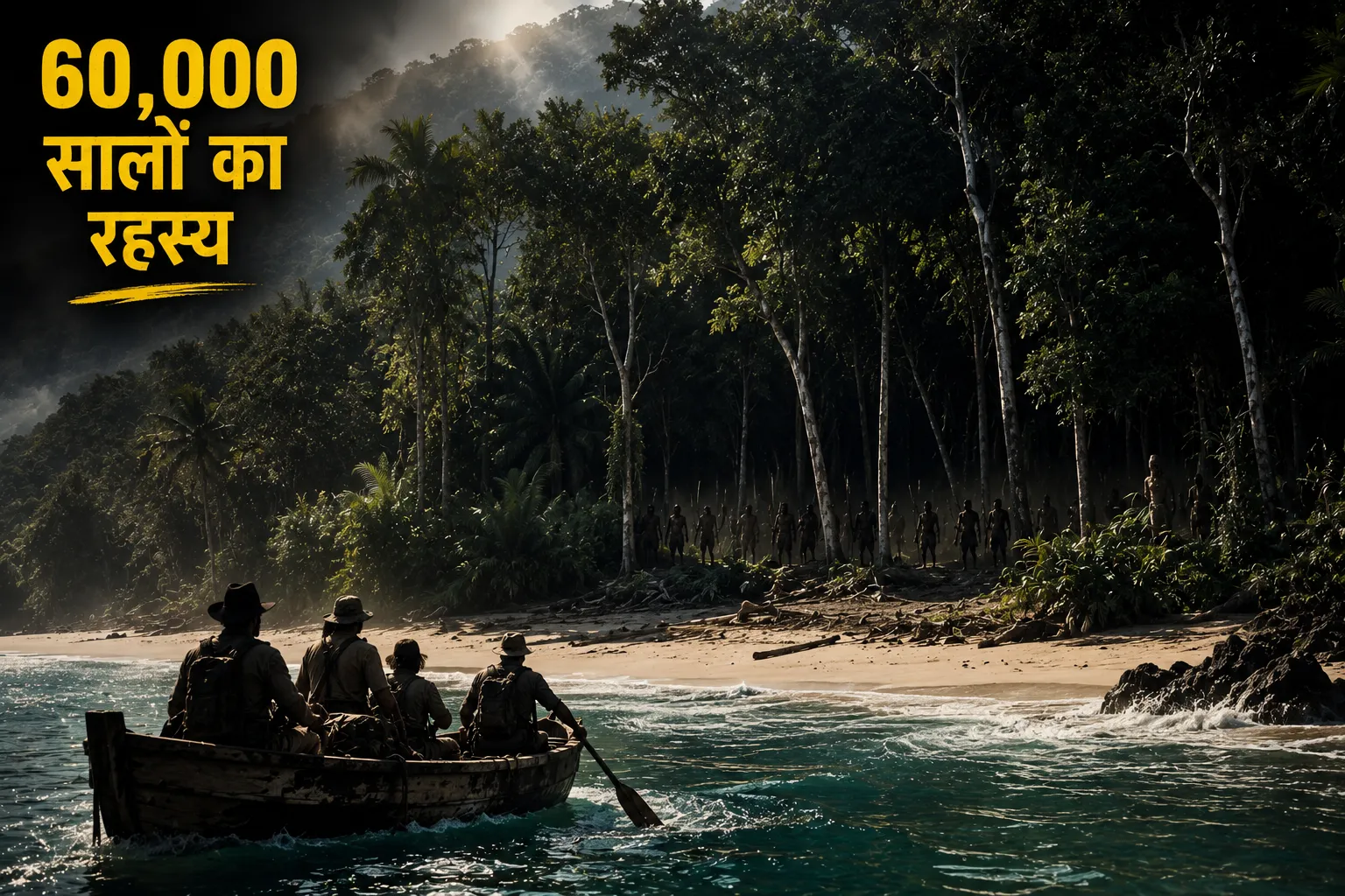Sentinelese tribe isolation case study representing a boat approaching the mysterious shore with ancient people watching