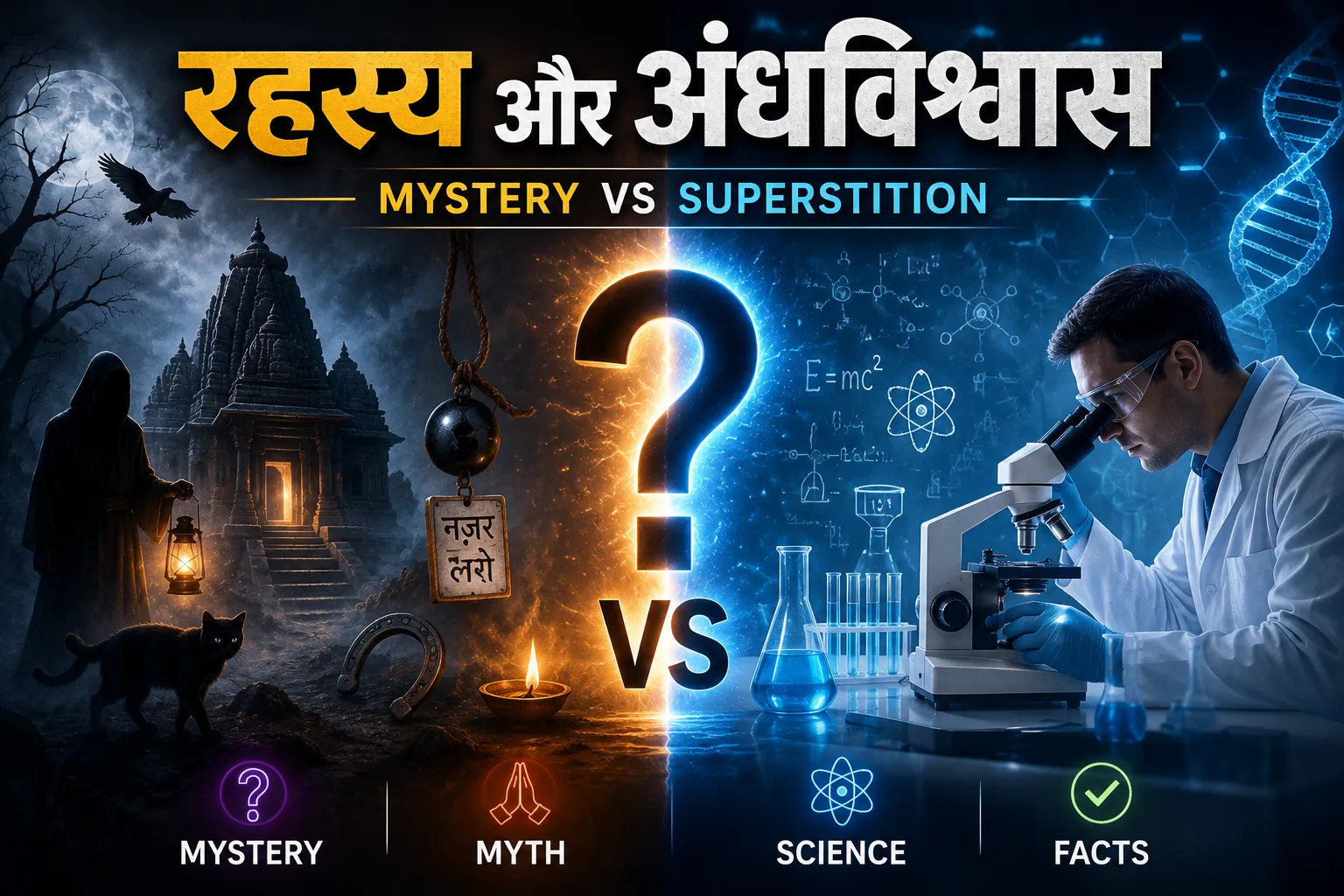 रहस्य और अंधविश्वास में अंतर दर्शाती फीचर इमेज (Mystery vs Superstition)