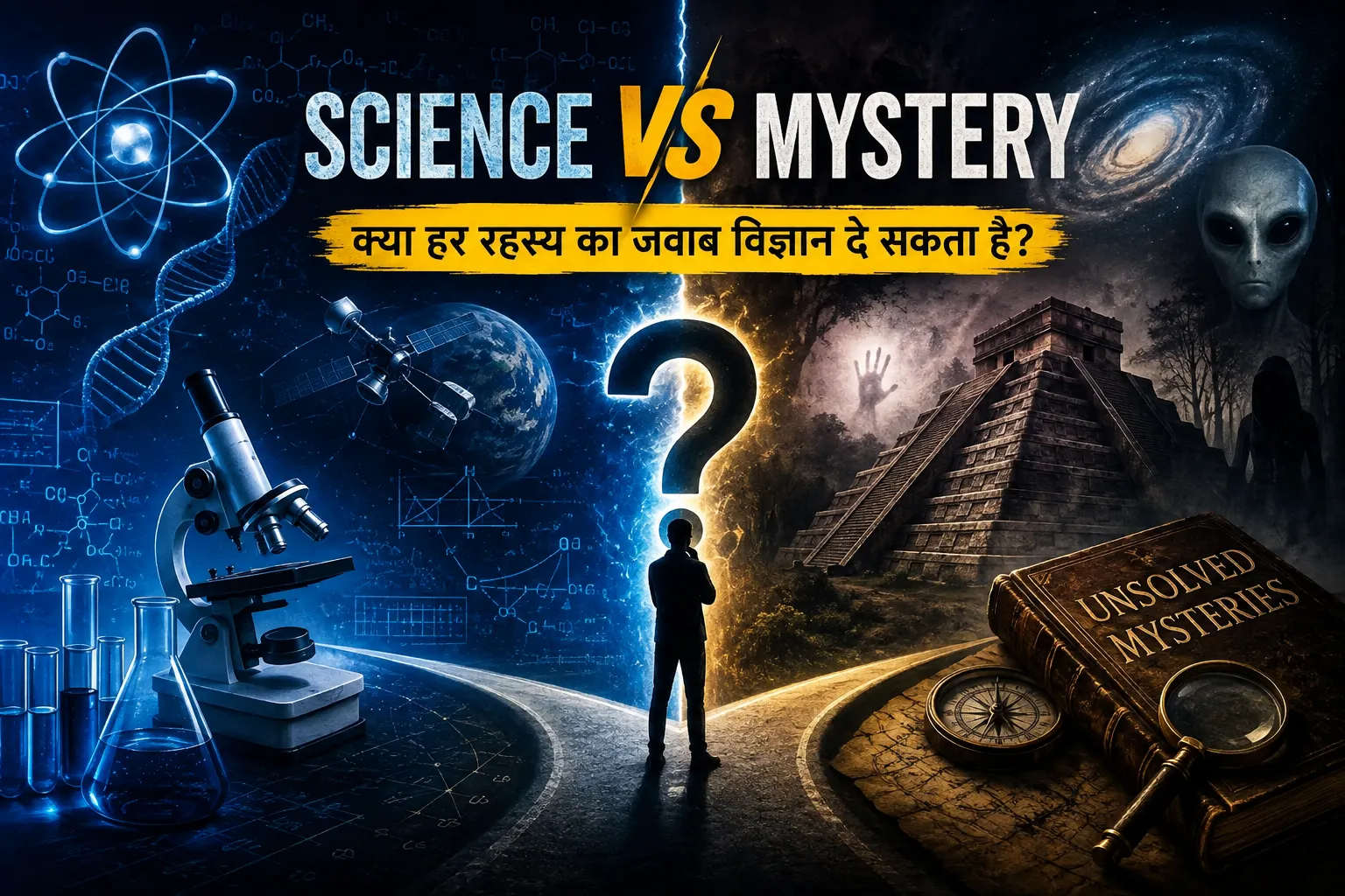 Science vs Mystery को दर्शाती फीचर इमेज जिसमें विज्ञान और रहस्य के बीच तुलना दिखाई गई है। क्या हर रहस्य का जवाब विज्ञान दे सकता है?